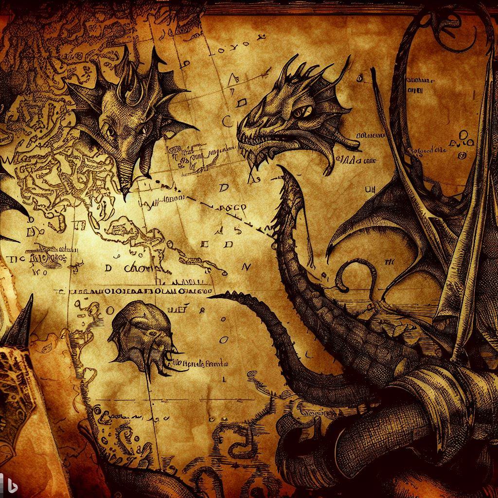 An ai generated image of a map with dragons like they used in the old days when we didn't know what was across the atlantic ocean.
