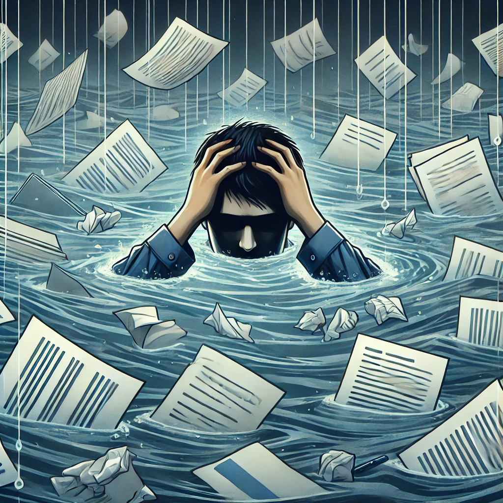 A person surrounded by paper and water - a metaphor for drowning in solvable problems.