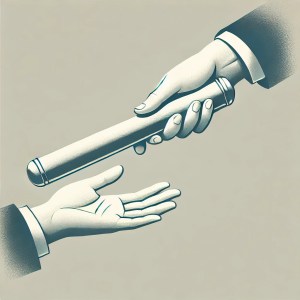 Two business people in suits passing a baton between their hands