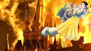 Buzz lightyear saves cinderalla from a castle in flames signifying pixar's rescue of disney animation.