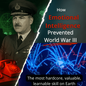 Split-screen thumbnail showing air marshal c. Roy slemon on the left in a cold war-era military uniform, with green radar graphics and a red rotary phone in the foreground. On the right, a glowing digital map shows missile arcs across the globe. Bold title text reads: "how emotional intelligence prevented world war iii," with “world war iii” underlined in red. A black banner at the bottom says, "the most hardcore, valuable, learnable skill on earth. "