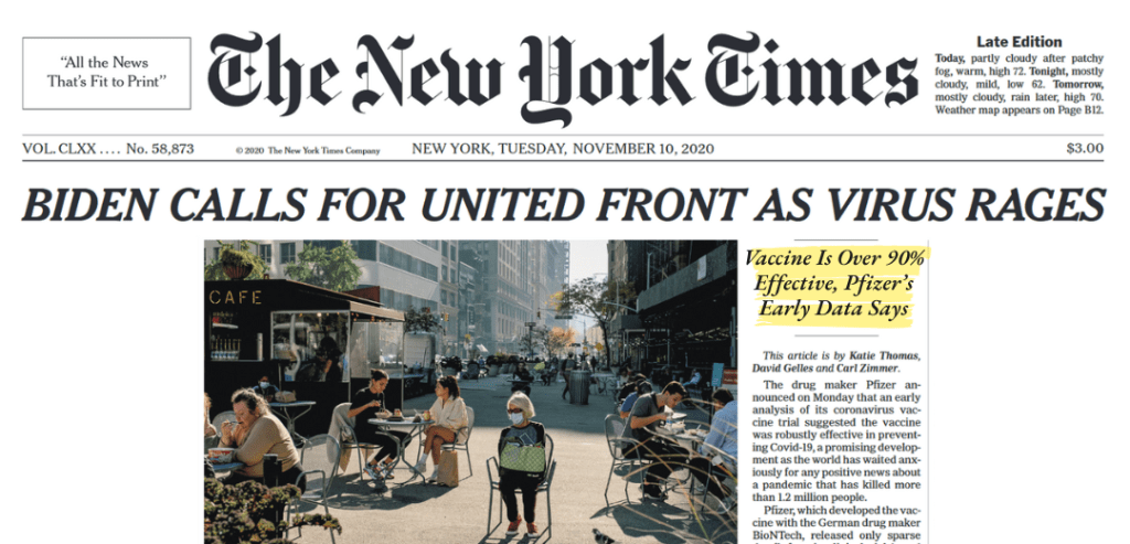 Peloton__vaccine_nyt » lighthouse leadership Recreation of a new york times front page from november 10, 2020, featuring the headline “biden calls for united front as virus rages. ” on the right side, a yellow-highlighted subhead reads: “vaccine is over 90% effective, pfizer’s early data says. ” below is a photo of masked people dining outdoors in a city café setting.