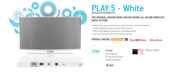 Sonos play:5 wireless speaker in white, 2012 product listing showing features, ports, and price of 9