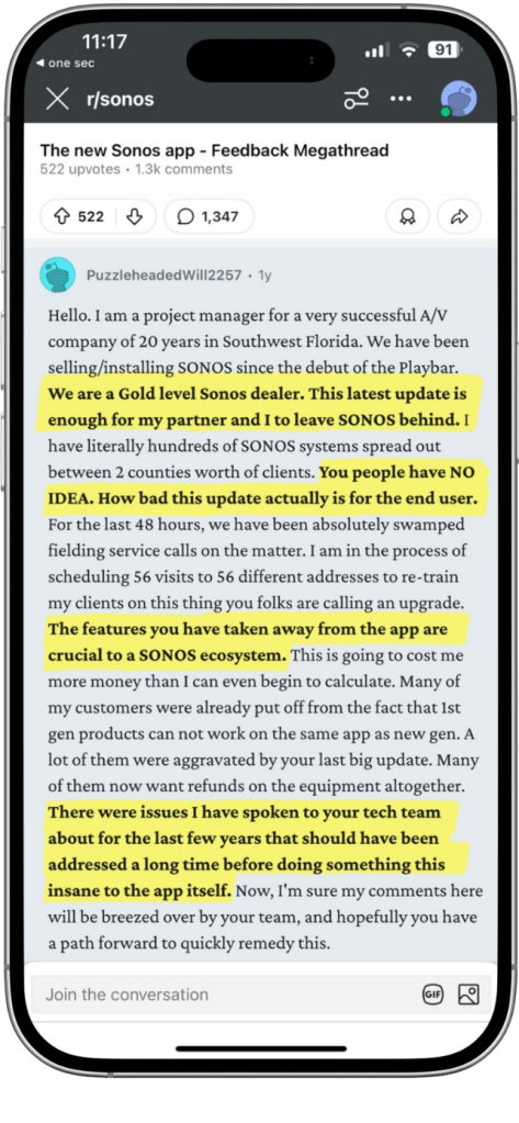 Screenshot of a reddit comment on r/sonos where a long-time a/v installer expresses outrage over the new sonos app update. The commenter, a gold-level sonos dealer, describes mass client dissatisfaction, service call overload, and major business impact due to removed app features.