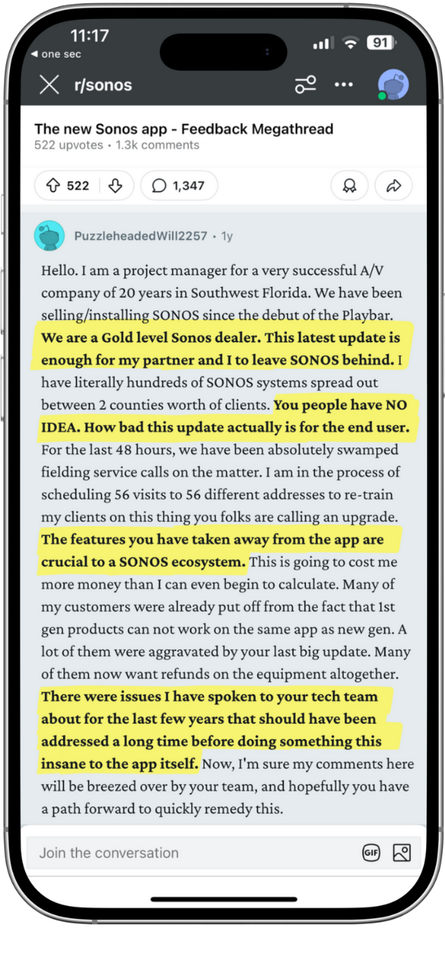 Screenshot of a Reddit comment on r/sonos where a long-time A/V installer expresses outrage over the new Sonos app update. The commenter, a Gold-level Sonos dealer, describes mass client dissatisfaction, service call overload, and major business impact due to removed app features.
