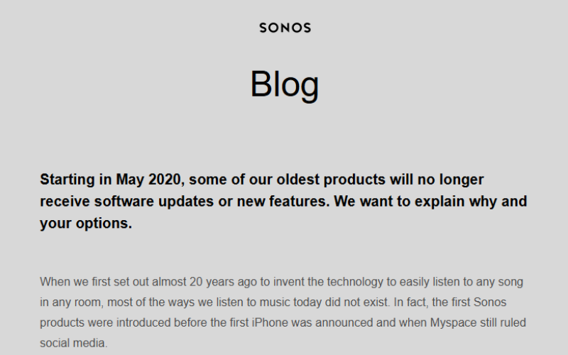 Screenshot of sonos 2020 blog post announcing end of software support for legacy products, including the original play:5