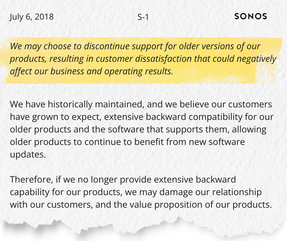 Screenshot of sonos's 2018 S-1 filing highlighting the risk of discontinuing support for older products, which could result in customer dissatisfaction and damage to the brand’s value