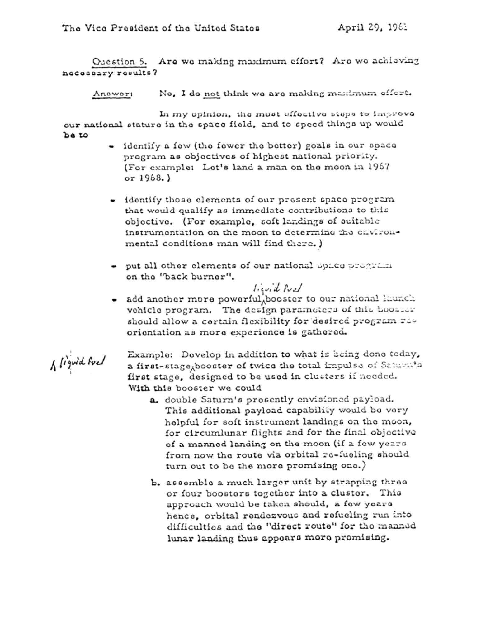 Page 8 of Wernher von Braun's April 29, 1961 memorandum to Vice President Johnson, showing Question 5: "Are we making maximum effort?" The page lists his four-bullet recommendation, including "Identify a few (the fewer the better) goals in our space program as objectives of highest national priority."