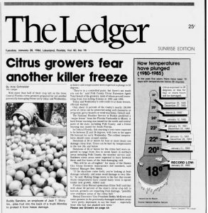A January 28, 1986 headline from The Ledger of Lakeland, Florida reporting record cold and the threat to the citrus crop.